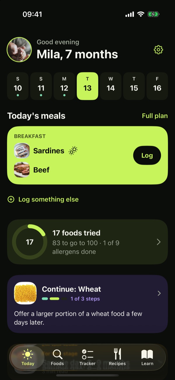 Bitelings Today screen: breakfast plan, 17 foods tried and the next allergen step